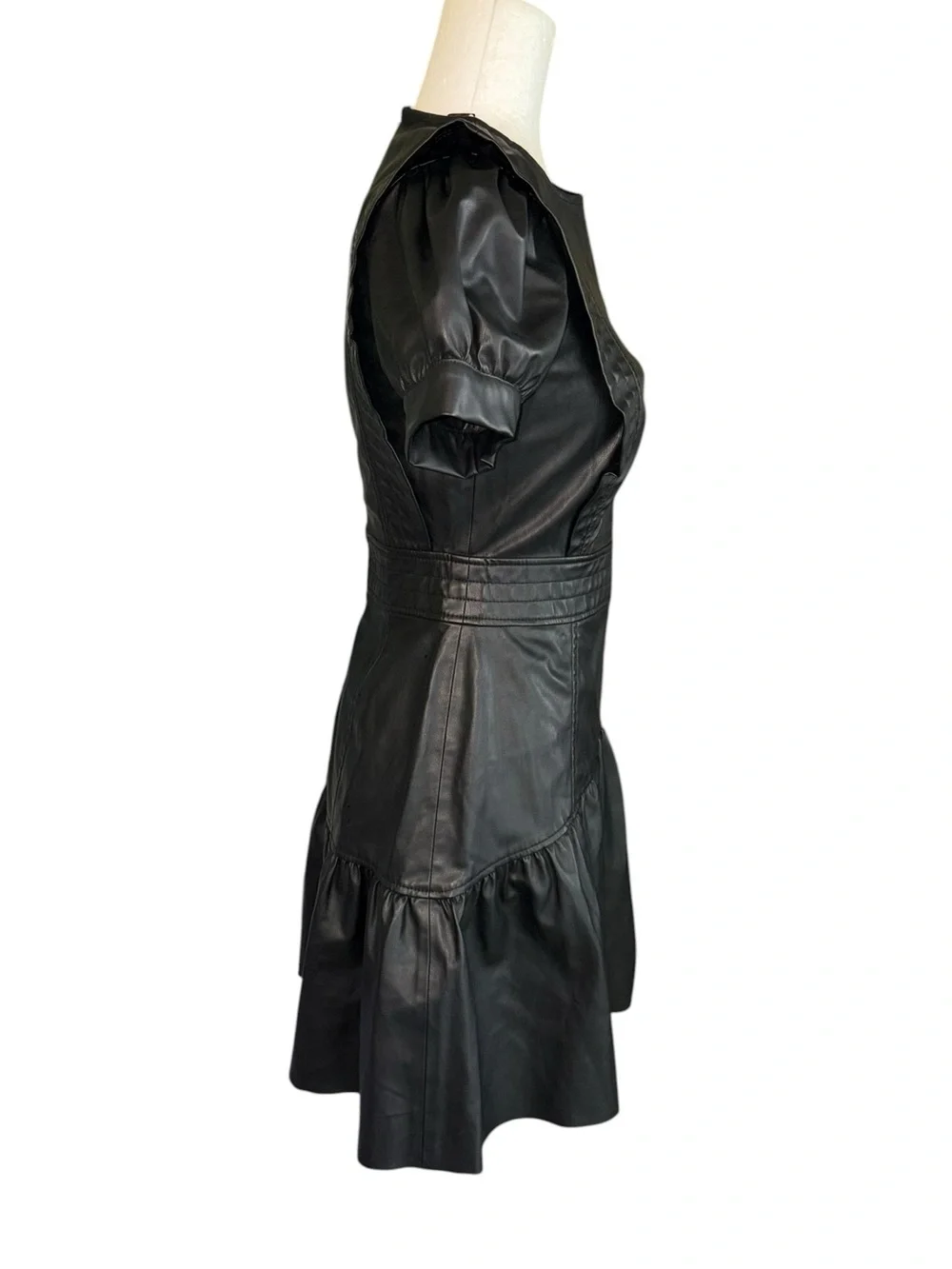 LN Zara Black Faux Leather Puff Sleeve Flared Mini Dress - XS